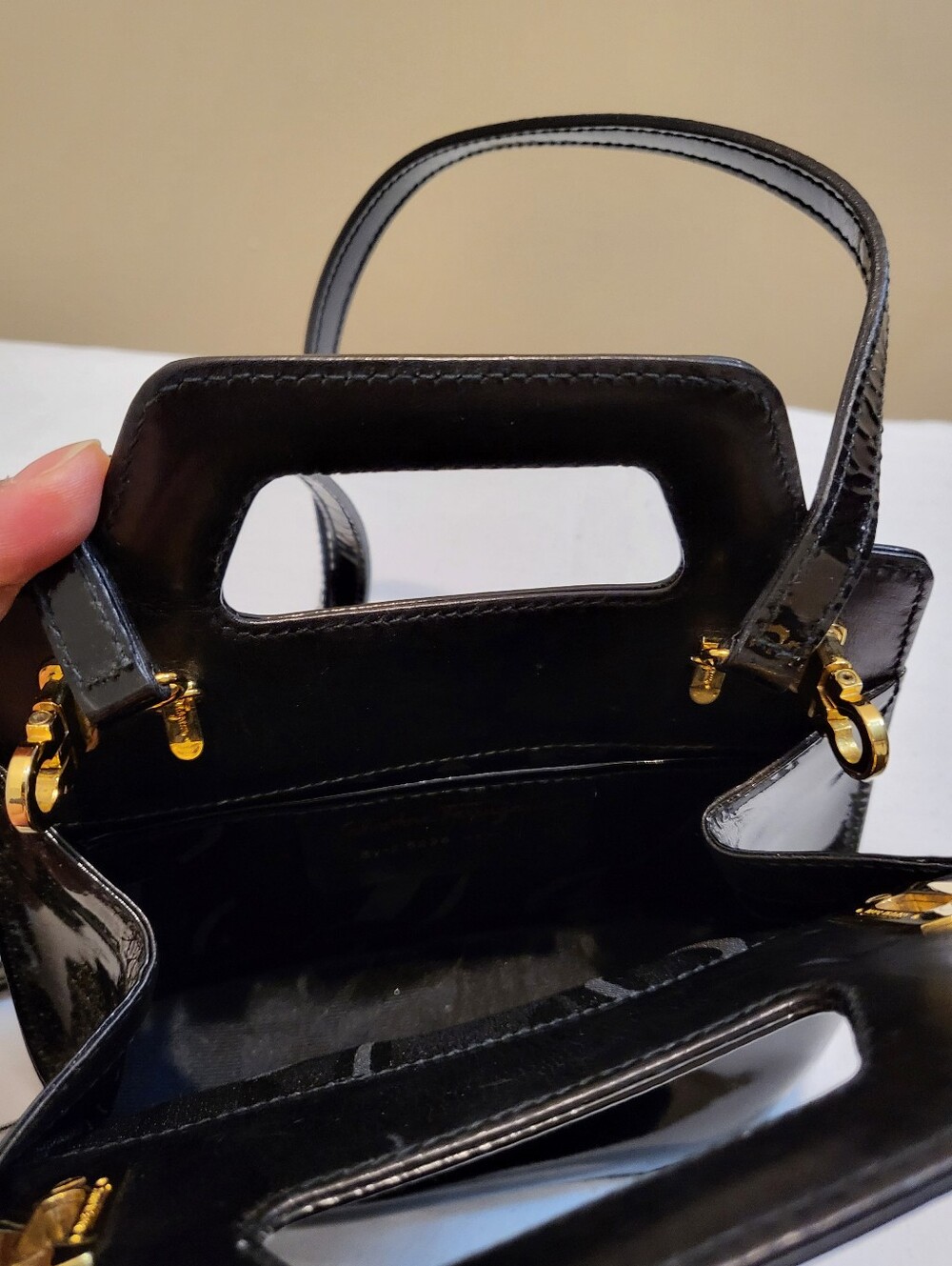 Salvatore Ferragamo Mini Wanda Black Patent Leather Top-Handle Bag with Strap - Picture 10 of 16